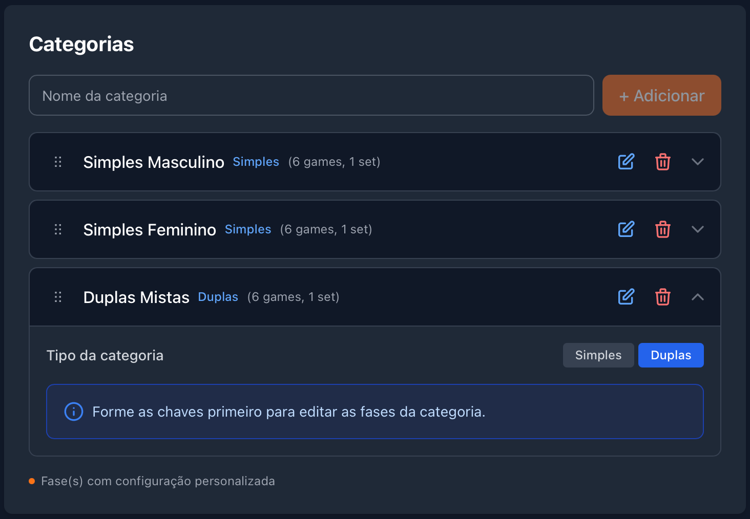 Passo 2: Configurar categorias e tipo (Simples/Duplas)