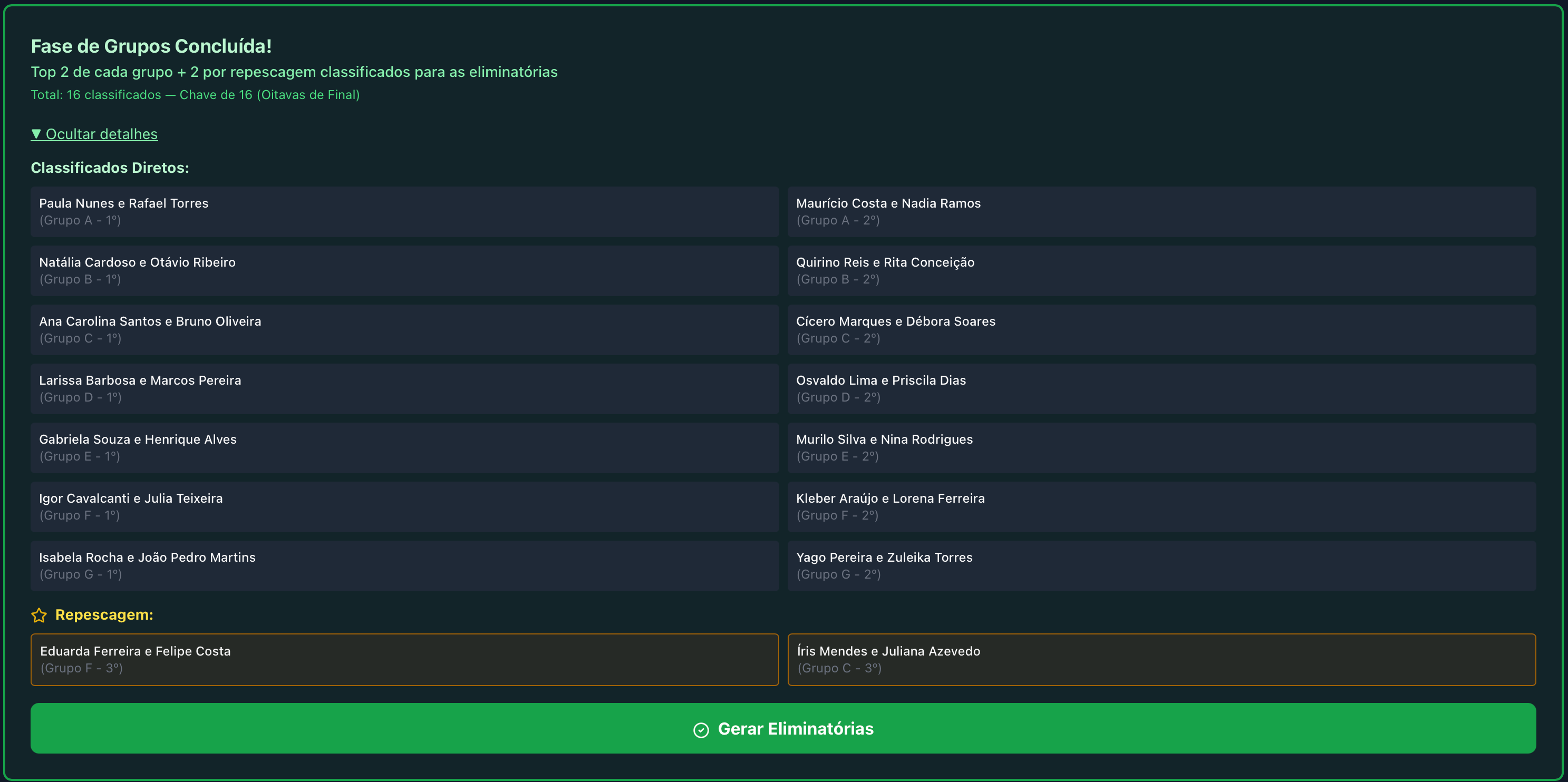 Passo 7: Preview dos classificados para eliminatórias