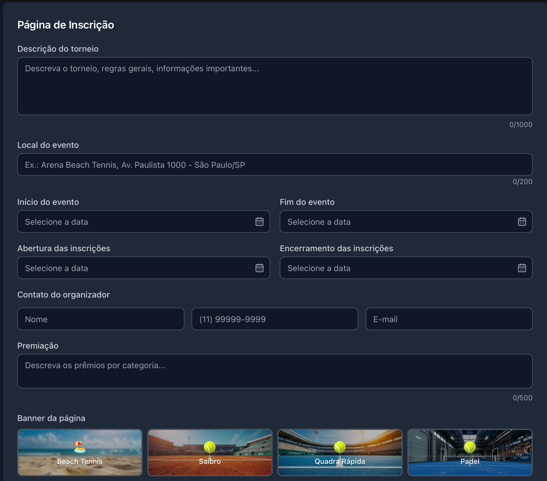 Painel de configuração do formulário de inscrições online
