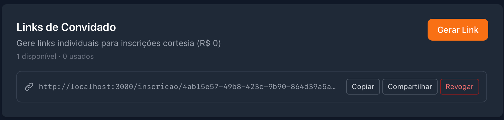 Painel de links de cortesia com botão para gerar novo link