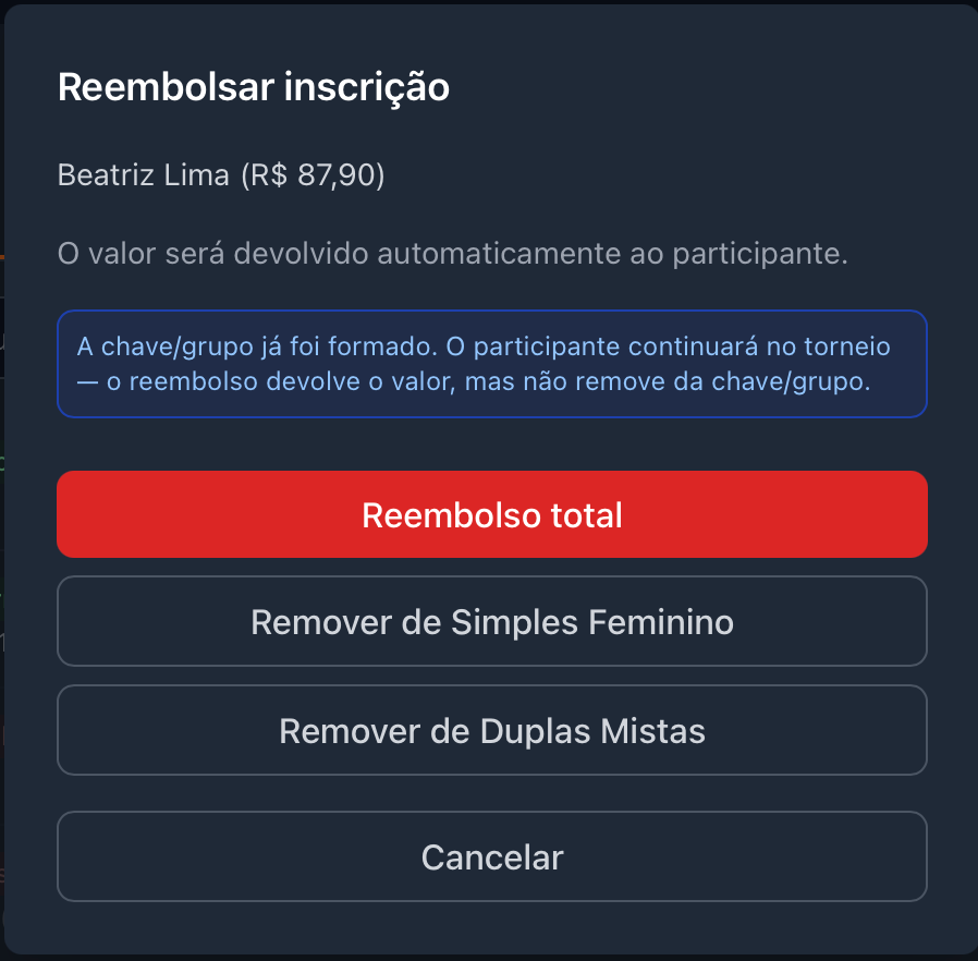 Modal de reembolso com opções de reembolso total e remoção por categoria