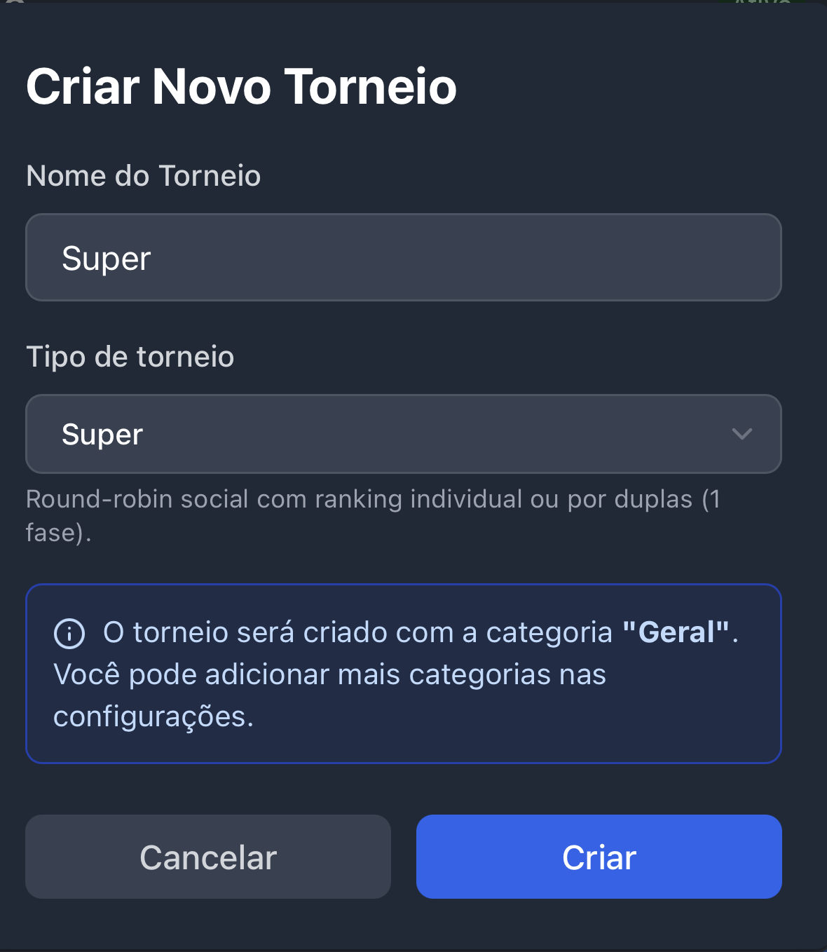 Passo 1: Criar torneio no formato Super