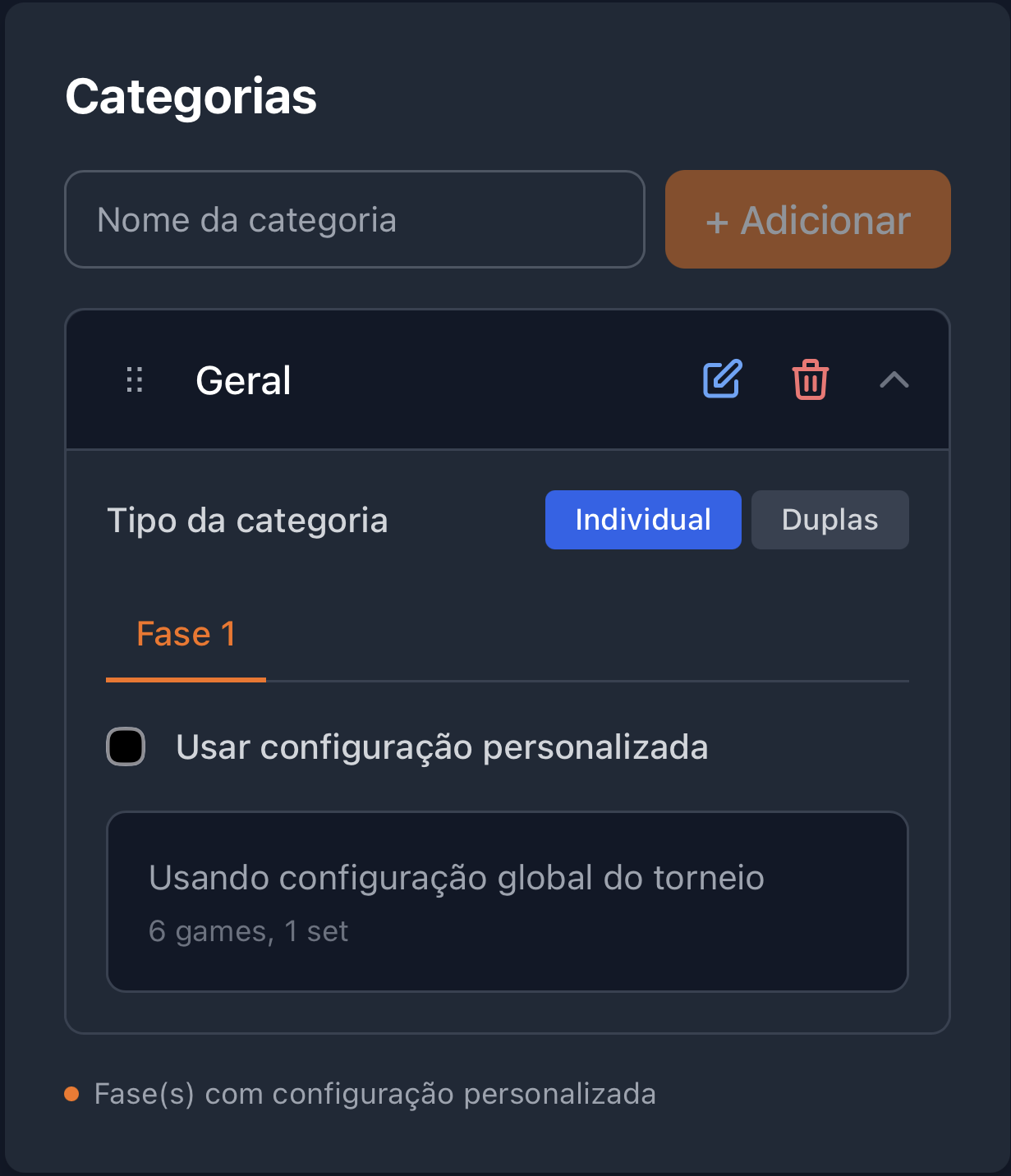 Passo 2: Configurar categorias e tipo (Individual/Duplas)