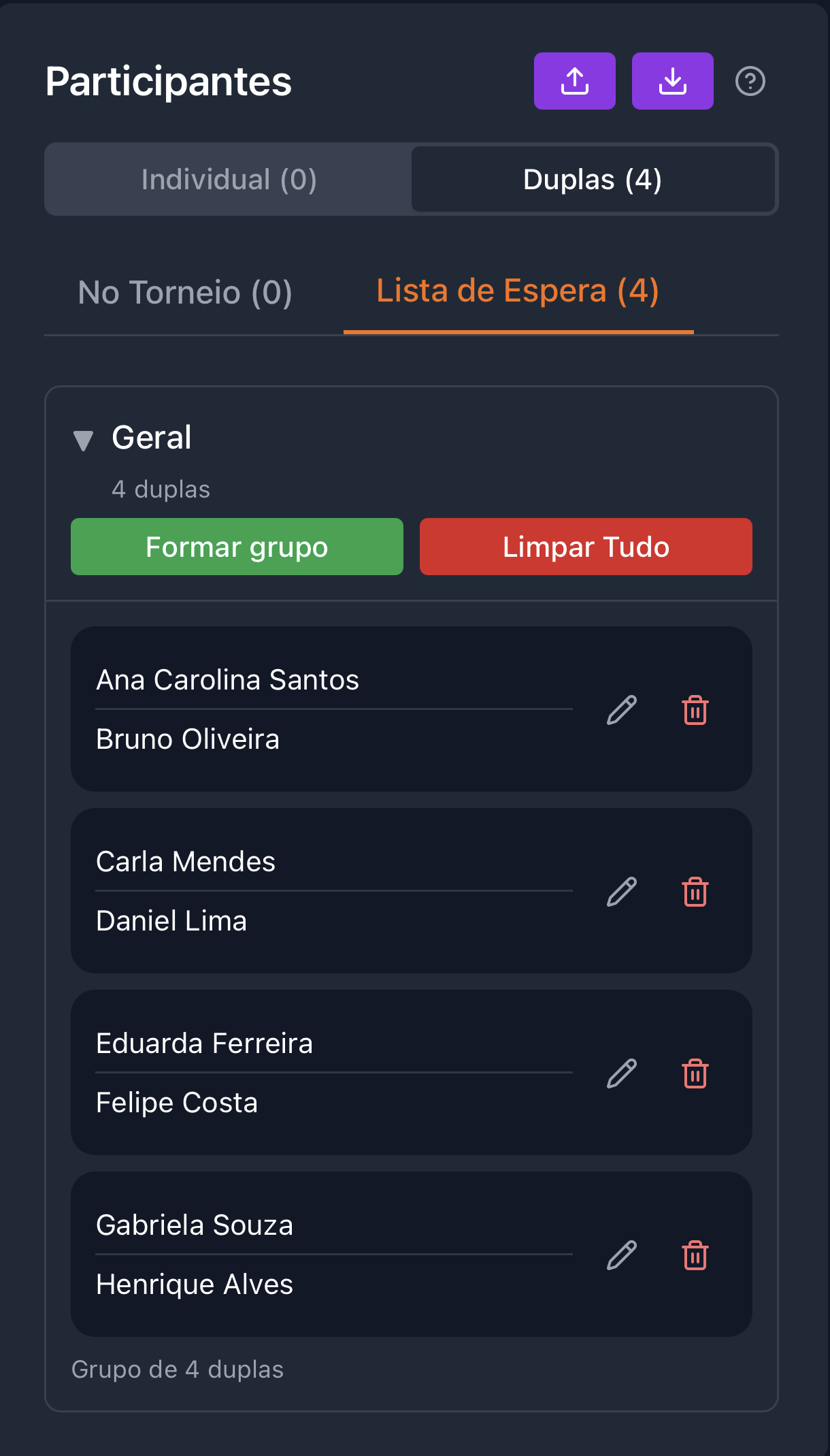 Passo 3: Cadastrar duplas na lista de espera