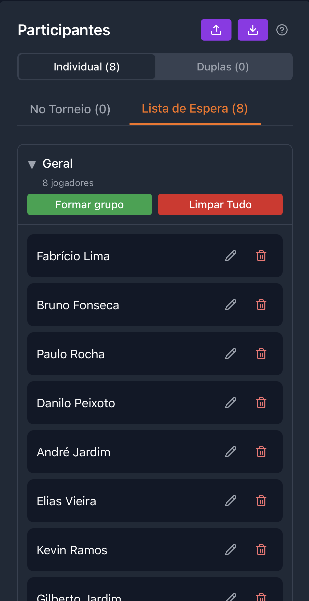Passo 3: Adicionar jogadores na lista de espera (individual)